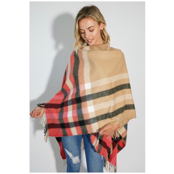 SOLD OUT Multi Color Plaid Fringe Faded Cape Poncho Shawl - Picture 3 of 5